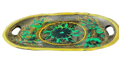 Hand Painted Wooden Tray Floral Motif Vibrant Colors Gold Trim 13.5 x 9 - Thumbnail 2