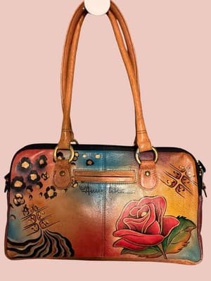 Anuschka Hand Painted Leather Satchel Purse Rose Butterfly Floral Bag