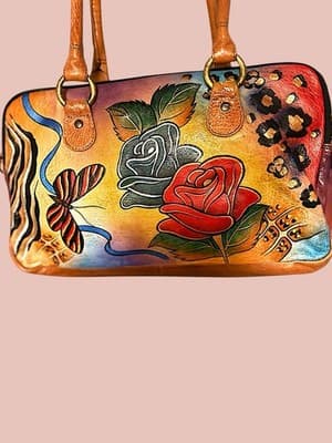 Anuschka Hand Painted Leather Satchel Purse Rose Butterfly Floral Bag - Thumbnail 3