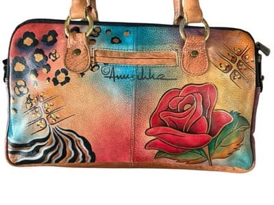 Anuschka Hand Painted Leather Satchel Purse Rose Butterfly Floral Bag - Thumbnail 7