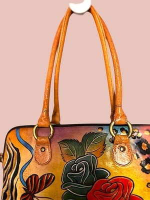 Anuschka Hand Painted Leather Satchel Purse Rose Butterfly Floral Bag - Thumbnail 6