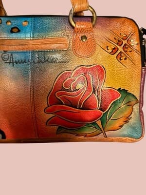Anuschka Hand Painted Leather Satchel Purse Rose Butterfly Floral Bag - Thumbnail 4