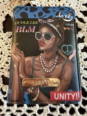 Nicole Lee BLM UNITY Wallet Card Case Zip Around Keychain Black Blue Polka Dot