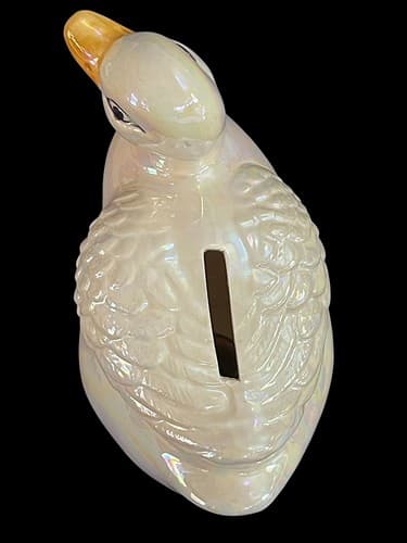 Vintage Kitsch Iridescent White Ceramic Duck Bank Made In Taiwan - Thumbnail 6