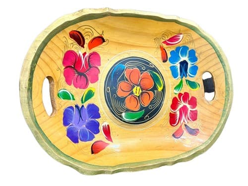 Hand Painted Wooden Tray Floral Motif Vibrant Colors Green Trim 13.5 x 9