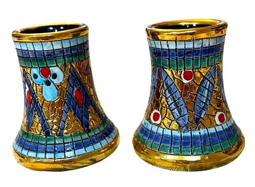 Handcrafted Pair Of Mosaic Mini Vases From Amalfi With Intricate Gold Accents