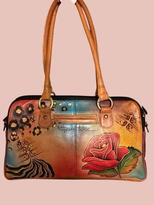 Anuschka Hand Painted Leather Satchel Purse Rose Butterfly Floral Bag - Thumbnail 2