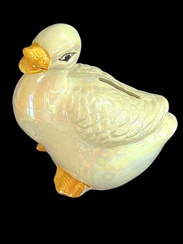 Vintage Kitsch Iridescent White Ceramic Duck Bank Made In Taiwan - Thumbnail 5