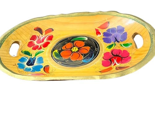 Hand Painted Wooden Tray Floral Motif Vibrant Colors Green Trim 13.5 x 9 - Thumbnail 2