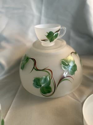 Vintage Hazel Atlas Gay Fad Ivy Frosted Punch Bowl Set 11 Cups Hooks - Thumbnail 9