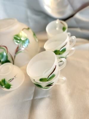 Vintage Hazel Atlas Gay Fad Ivy Frosted Punch Bowl Set 11 Cups Hooks - Thumbnail 5