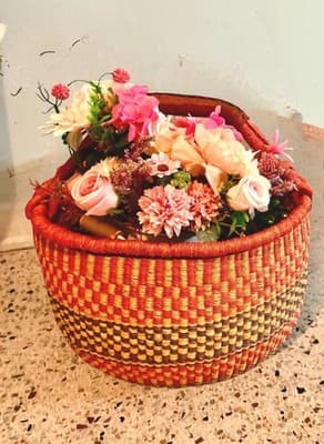 Large Ghana Bolga Basket 17” Handwoven Market Tote Fair Trade Leather