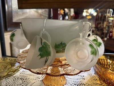 Vintage Hazel Atlas Gay Fad Ivy Frosted Punch Bowl Set 11 Cups Hooks