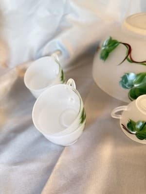 Vintage Hazel Atlas Gay Fad Ivy Frosted Punch Bowl Set 11 Cups Hooks - Thumbnail 6