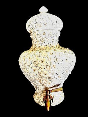 A. Zen Nova Italian Wall Urn Fountain Layered White Ceramic Flowers Brass Spigot