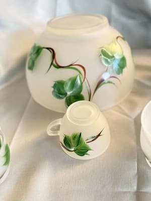 Vintage Hazel Atlas Gay Fad Ivy Frosted Punch Bowl Set 11 Cups Hooks - Thumbnail 10