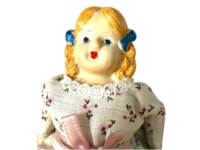 Vintage 7” Bisque Doll Marked Japan – Hand-Painted Face, Blue Bows, Floral Dress - Thumbnail 3