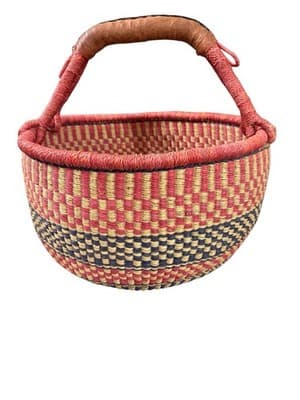 Large Ghana Bolga Basket 17” Handwoven Market Tote Fair Trade Leather - Thumbnail 2