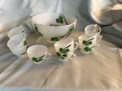 Vintage Hazel Atlas Gay Fad Ivy Frosted Punch Bowl Set 11 Cups Hooks - Thumbnail 12