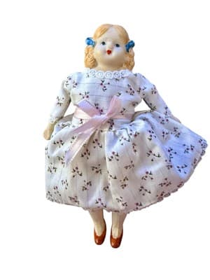 Vintage 7” Bisque Doll Marked Japan – Hand-Painted Face, Blue Bows, Floral Dress