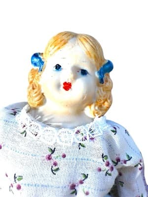 Vintage 7” Bisque Doll Marked Japan – Hand-Painted Face, Blue Bows, Floral Dress - Thumbnail 4