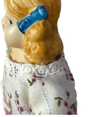 Vintage 7” Bisque Doll Marked Japan – Hand-Painted Face, Blue Bows, Floral Dress - Thumbnail 7