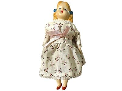 Vintage 7” Bisque Doll Marked Japan – Hand-Painted Face, Blue Bows, Floral Dress - Thumbnail 2