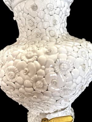 A. Zen Nova Italian Wall Urn Fountain Layered White Ceramic Flowers Brass Spigot - Thumbnail 10