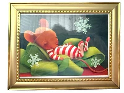 Hallmark Christmas Card in Gold Frame Mouse Pajamas Snowflakes 7x5 Holiday Decor