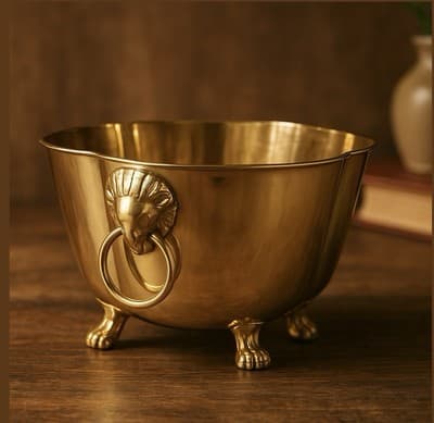 Elegant Vintage Solid Brass Jardiniere – Rams Head Handles & Lion’s Paw Feet - Thumbnail 7
