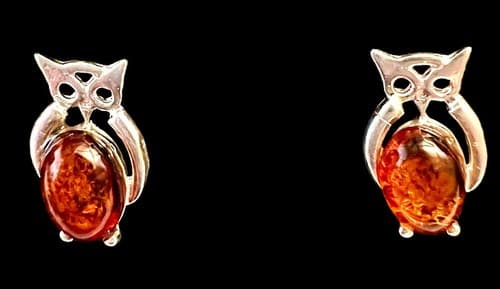 Sterling Silver Amber Stud Earrings Owl Cognac ½” New