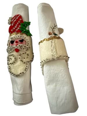 Vintage Handmade Santa Napkin Rings Set 8 Felt Sequin Christmas Folk Art - Thumbnail 3