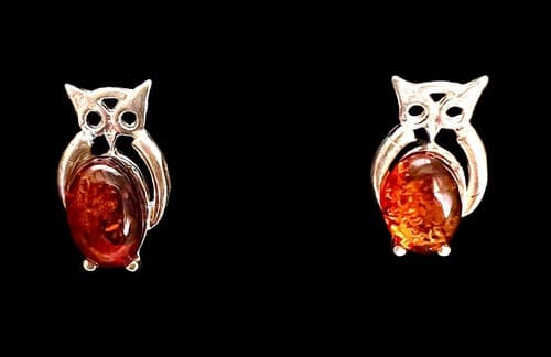 Sterling Silver Amber Stud Earrings Owl Cognac ½” New - Thumbnail 3