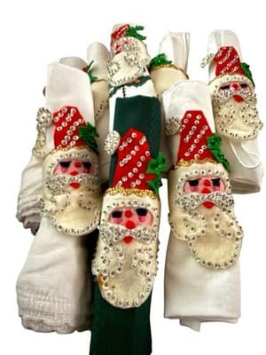 Vintage Handmade Santa Napkin Rings Set 8 Felt Sequin Christmas Folk Art
