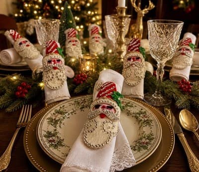 Vintage Handmade Santa Napkin Rings Set 8 Felt Sequin Christmas Folk Art - Thumbnail 2