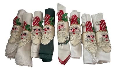 Vintage Handmade Santa Napkin Rings Set 8 Felt Sequin Christmas Folk Art - Thumbnail 6