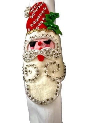Vintage Handmade Santa Napkin Rings Set 8 Felt Sequin Christmas Folk Art - Thumbnail 5