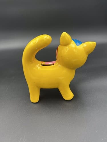 MOD FLOWERED Yellow CAT CERAMIC COIN BANK & STOPPER - 6.5” HIGH - EXCELLENT! - Thumbnail 2