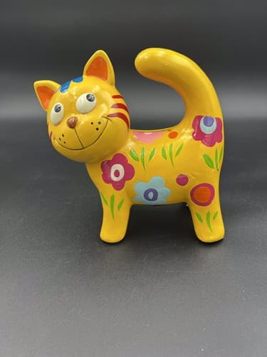 MOD FLOWERED Yellow CAT CERAMIC COIN BANK & STOPPER - 6.5” HIGH - EXCELLENT!