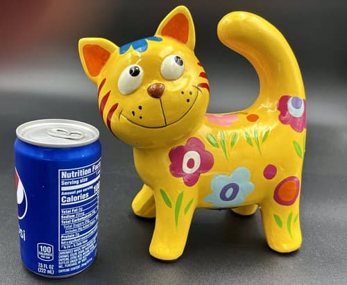 MOD FLOWERED Yellow CAT CERAMIC COIN BANK & STOPPER - 6.5” HIGH - EXCELLENT! - Thumbnail 5