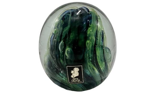 Kerry Glass Ireland LARGE Green Swirl Art Glass Paperweight Hand Blown MINT!