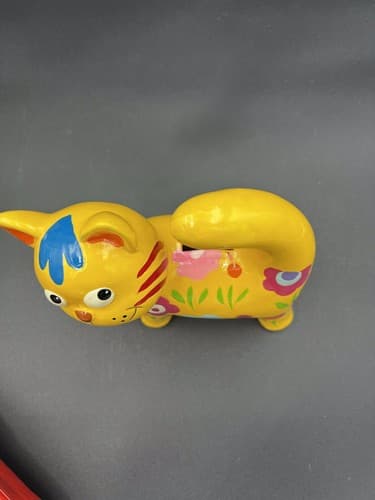 MOD FLOWERED Yellow CAT CERAMIC COIN BANK & STOPPER - 6.5” HIGH - EXCELLENT! - Thumbnail 4