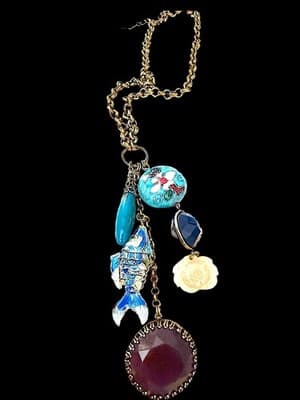 Vintage Charm Necklace Cloisonné Fish Resin Stone Flower Pendant Boho Statement