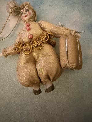 Vintage Gold Cloth Pierrot Clown Christmas Ornament Handmade Retro 8” - Thumbnail 2
