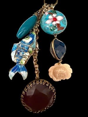 Vintage Charm Necklace Cloisonné Fish Resin Stone Flower Pendant Boho Statement - Thumbnail 5