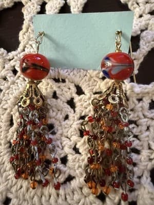 Vintage Boho Dangle Earrings Red Art Glass Beads & Beaded Tassel - Thumbnail 3