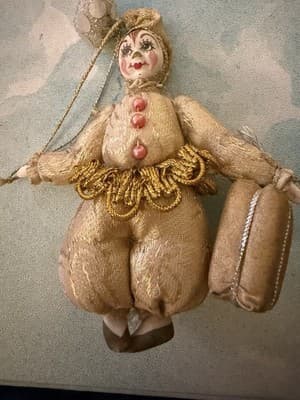 Vintage Gold Cloth Pierrot Clown Christmas Ornament Handmade Retro 8” - Thumbnail 4