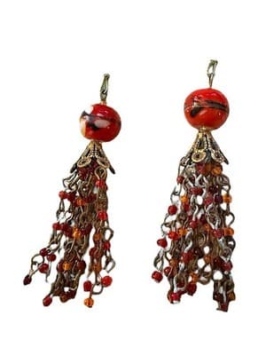 Vintage Boho Dangle Earrings Red Art Glass Beads & Beaded Tassel