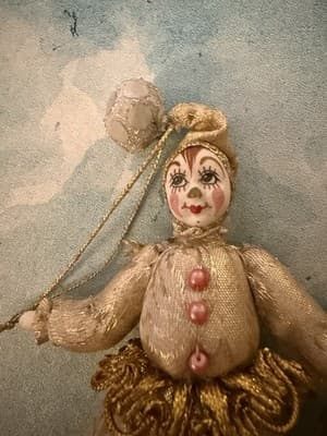 Vintage Gold Cloth Pierrot Clown Christmas Ornament Handmade Retro 8” - Thumbnail 5
