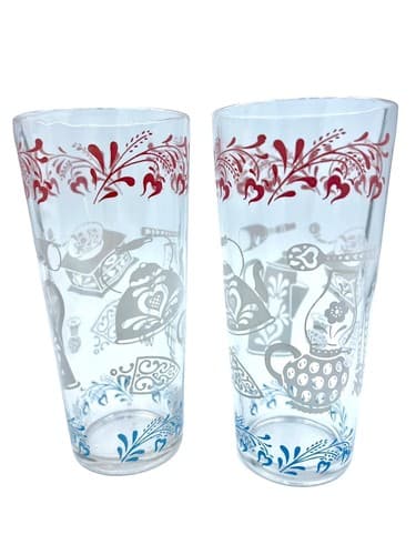 Hazel Atlas MCM 1950’s Tumblers “Kitchen Aids”Glassware Pink White Blue Set/2